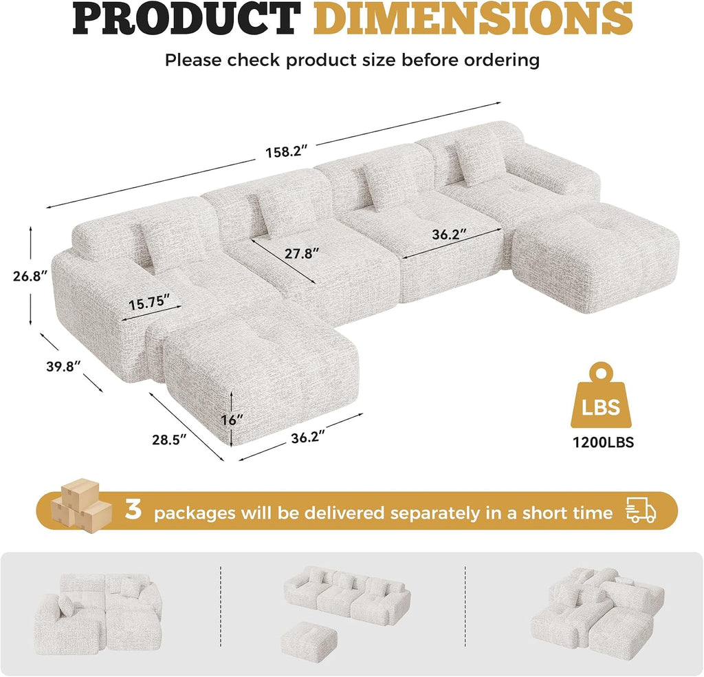 158' U Shaped Boneless Couches for Living Room, 6 Seater Modern Chenille Cloud Couch, Convertible Modular Sectional Sofa Set, No Assembly Required, Beige 1 PCS