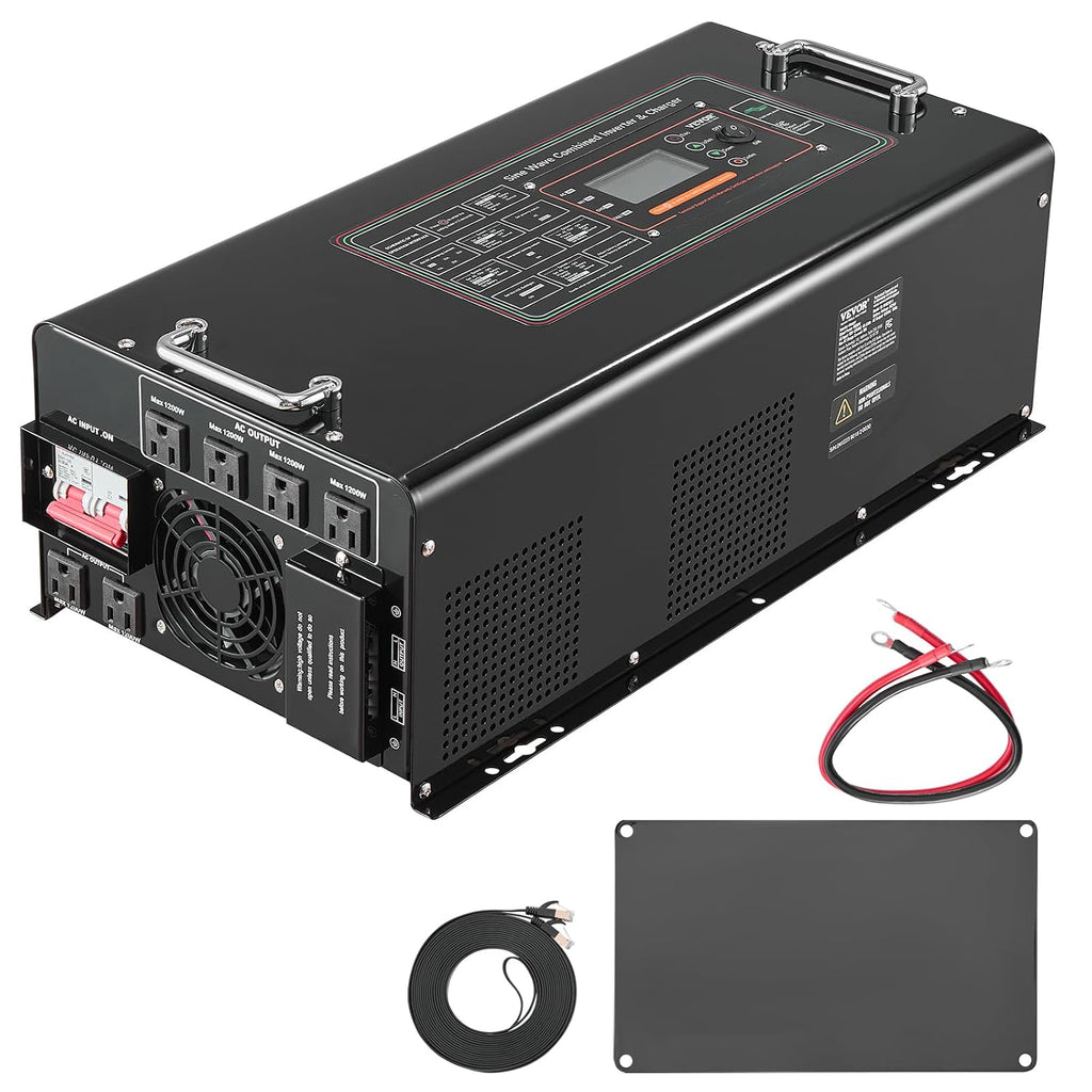 VEVOR Pure Sine Wave Inverter Charger, 5000 Watt, DC 24V to AC 120V, Battery Charger with LCD Display, Remote Control, Solar Inverter for Off-Grid Solar RV Boat Home, Compatible with Various Batteries