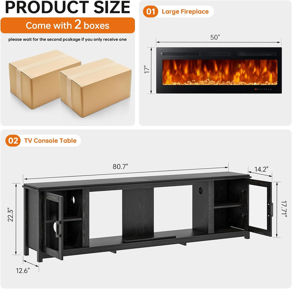 80' Fireplace TV Stand with 50' Electric Fireplace, LED Light Entertainment Center and Storage, Media TV Console for TVs Up to 90',Fire Place TV Stands for Living Room, Black