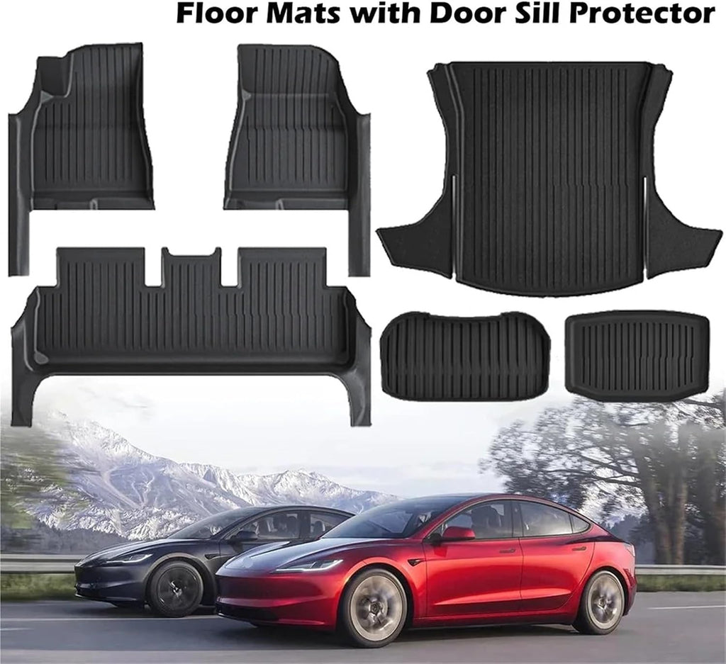 TPE Floor Mat Compatible for Tesla Model 3 2025 2024 Highland with Door Sill Protector Trunk Mats Front Rear Cargo Liner(DLFM-11PCS)
