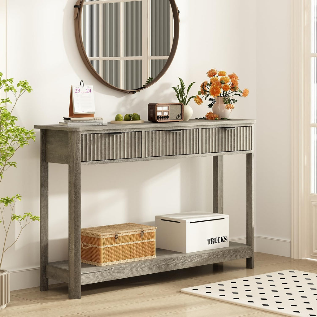 RUSTOWN Fluted Wood Console Table with 3 Drawers, 47.2' Modern Farmhouse Sofa Table & Entryway Table with Open Storage Shelf, Narrow Hallway Table for Living Room, Foyer and Hallway (Washed Oak)