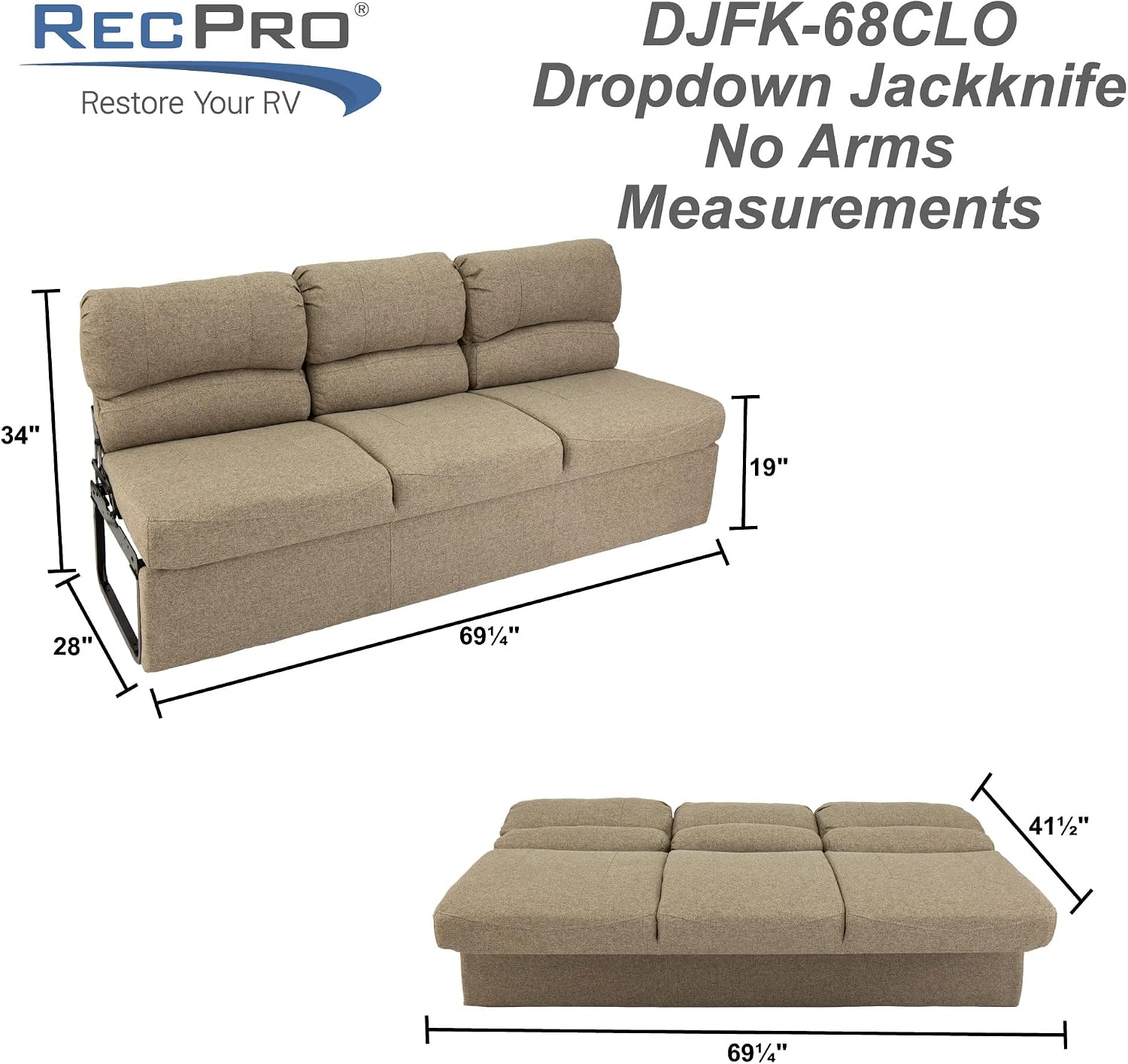 RecPro 68' RV Jackknife Sleeper Sofa with Drop-Down Console | Cloth Fabric | 2 Colors to Choose from | Furniture for RV and Camper (Oatmeal Cloth)