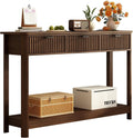 RUSTOWN Fluted Wood Console Table with 3 Drawers, Boho Narrow Behind Couch Entryway Table with Open Storage Shelf, Modern Sofa Table for Living Room, Foyer and Hallway (Dark Walnut)