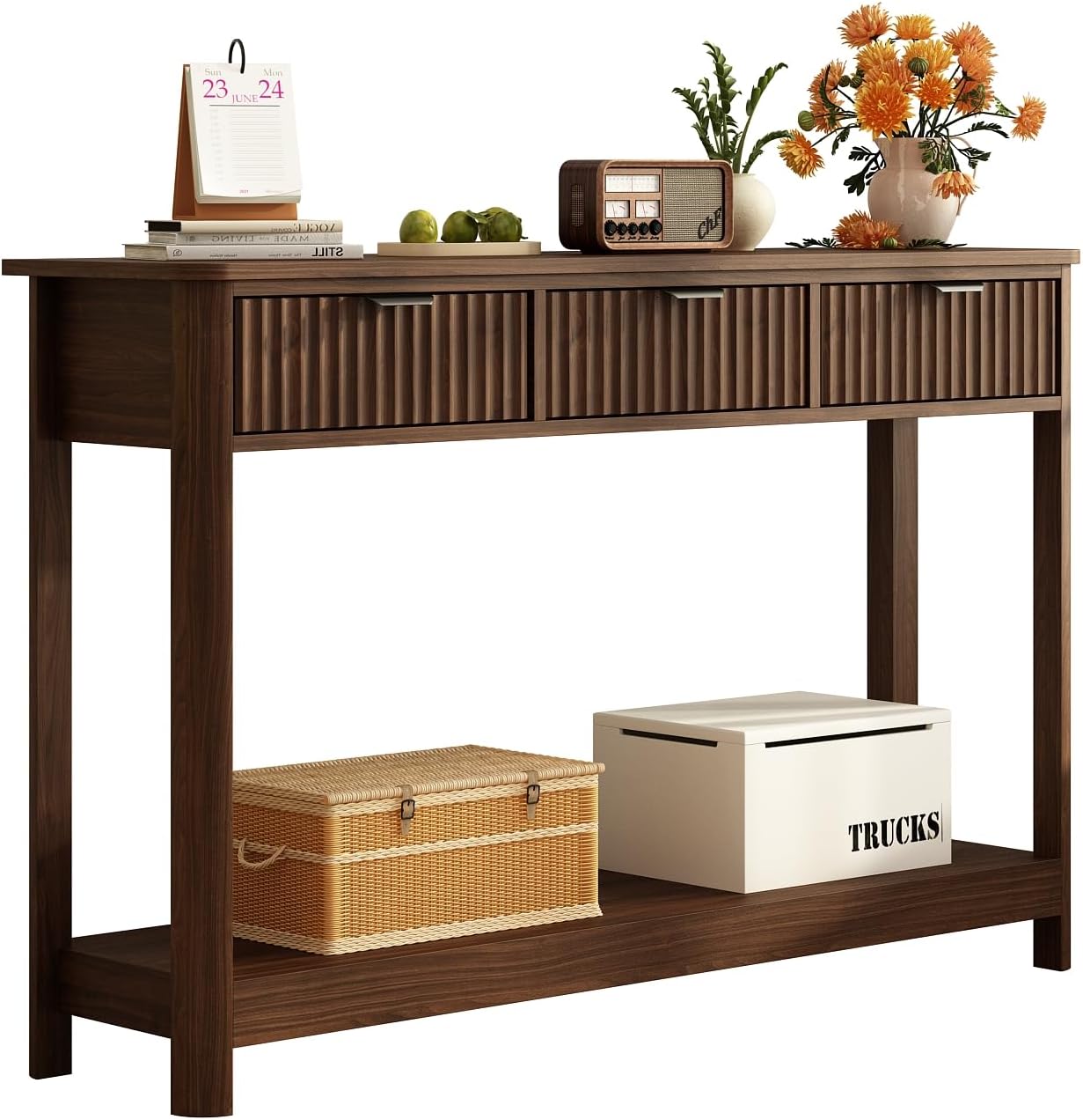 RUSTOWN Fluted Wood Console Table with 3 Drawers, Boho Narrow Behind Couch Entryway Table with Open Storage Shelf, Modern Sofa Table for Living Room, Foyer and Hallway (Dark Walnut)