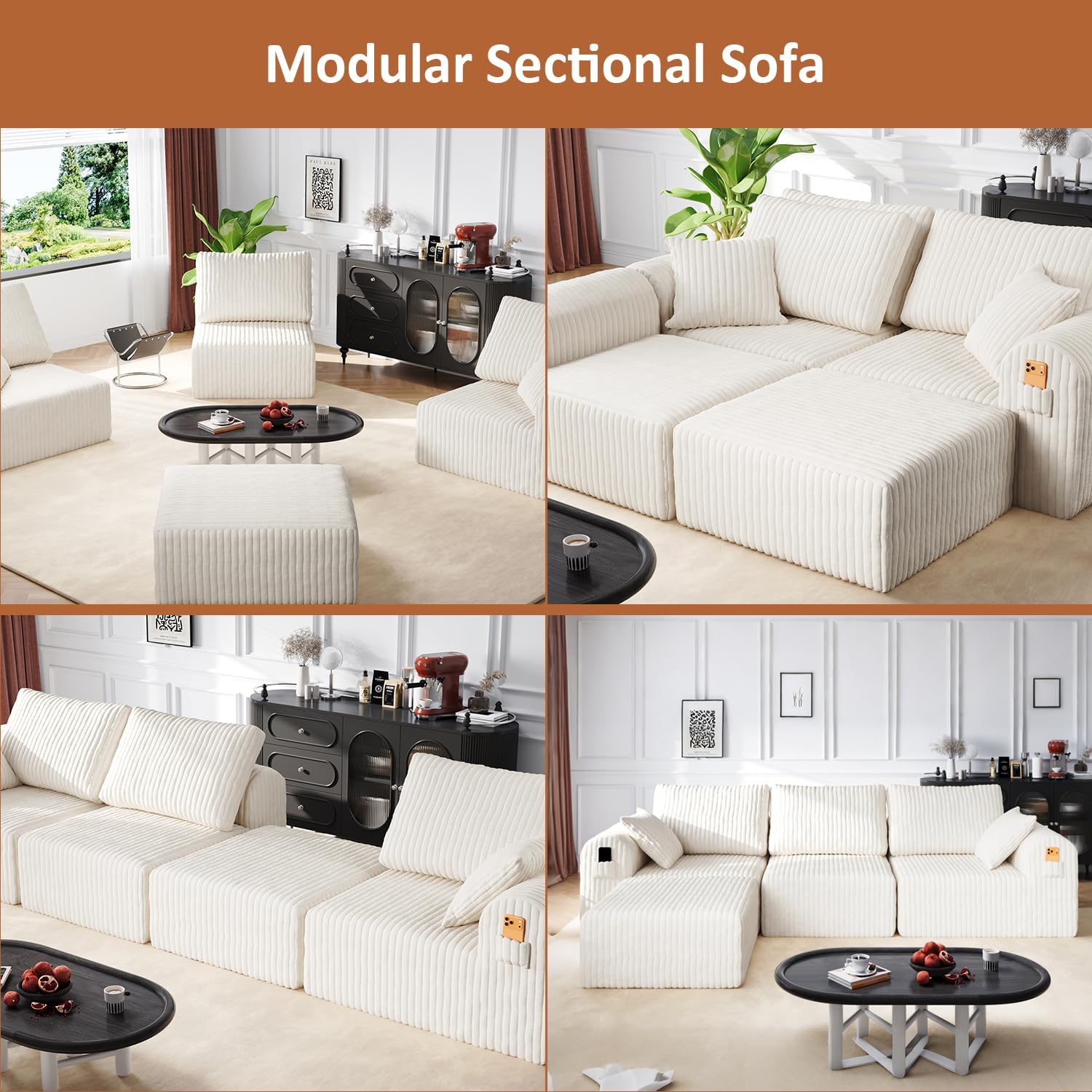 Modular Sectional Sofa, Boneless Couches for Living Room, L-Shape Sofa Couches,Cloud Couch Sectional, Comfy Corduroy Sofa, with Deep Seat, No Assembly Required (Beige, 4 Seater + 2 Ottoman)