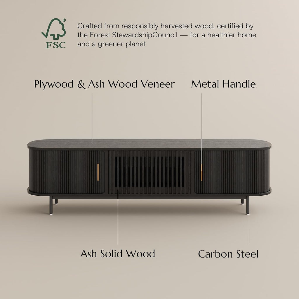 POVISON Fully-Assembled Mid Century Modern TV Stand for 75+ inch TV, Sliding Door Entertainment Center with Storage, Wood TV Console, Media Console for Living Room Bedroom(Black, 94.49')