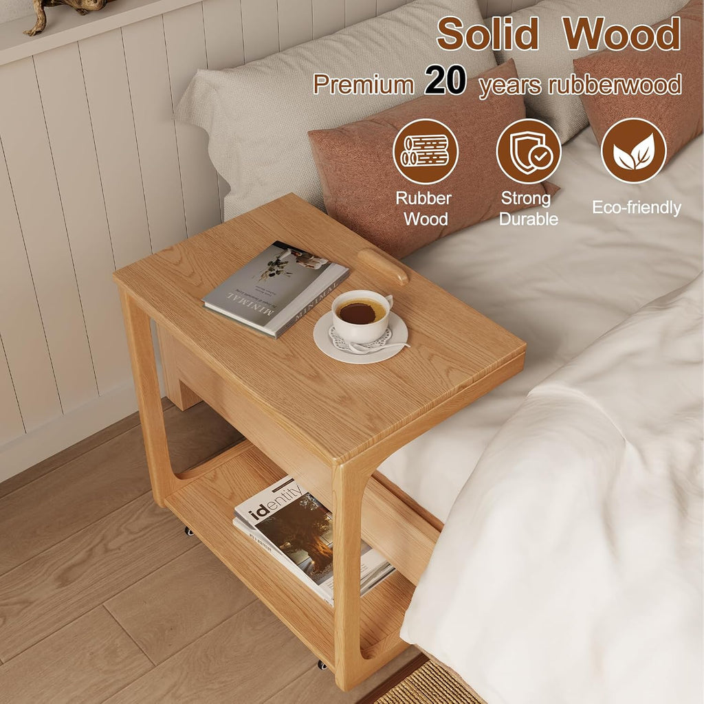 AQIMUELE Wooden C-Shaped End Table,Couch Table with Adjustable Desktop,Small Rolling Side Table with 2 Lockable Wheels 23.6' Width,Small End Table for Couch, Living Room,Bedroom (Natural)