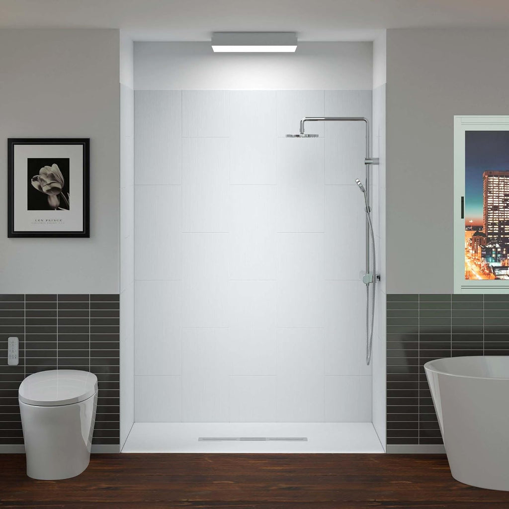 WOODBRIDGE 60 in. L x 36 in. W x 75 in. H Alcove Solid Surface Shower Combo Kits with Glue Up Shower Walls in Matte White and Curbless Shower Base with Center Drain in Black