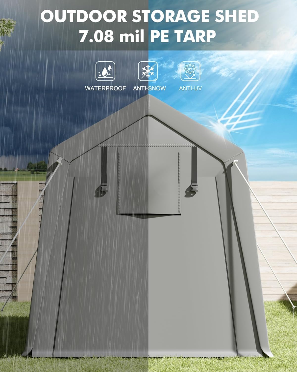 Shelter Logic 7 x 15 ft Carport Storage Shed - Heavy Duty Waterproof Tarp, 2 Roll-up Zipper Doors, Ideal for Motorcycle, Bike, Garden Tools, Firewood, Durable and Reliable Protection
