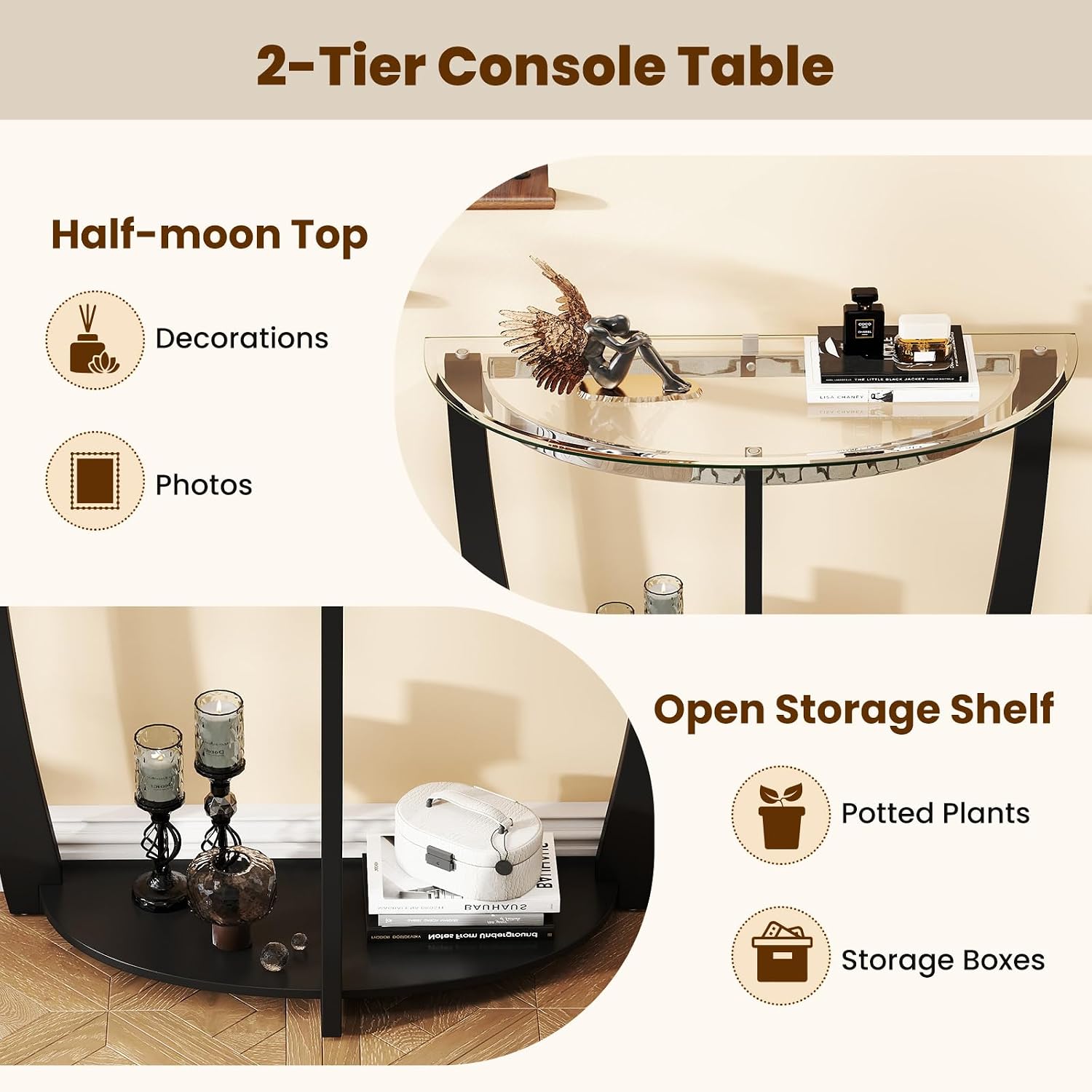 Giantex 2-Tier Glass Console Table, Half Moon Modern Entryway Table with Tempered Glass Top & Open Storage Shelf, Narrow Long Sofa Table for Living Room, Hallway, Foyer, Entrance (Black)