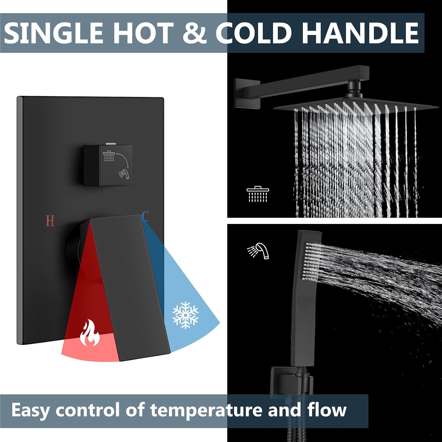 Aolemi Shower Faucet Set Rain Shower System with Handheld Spray Bathroom Shower Combo Rough-in Valve and Shower Trim Kit Included Matte Black 12 Inch Wall Mount Shower Head