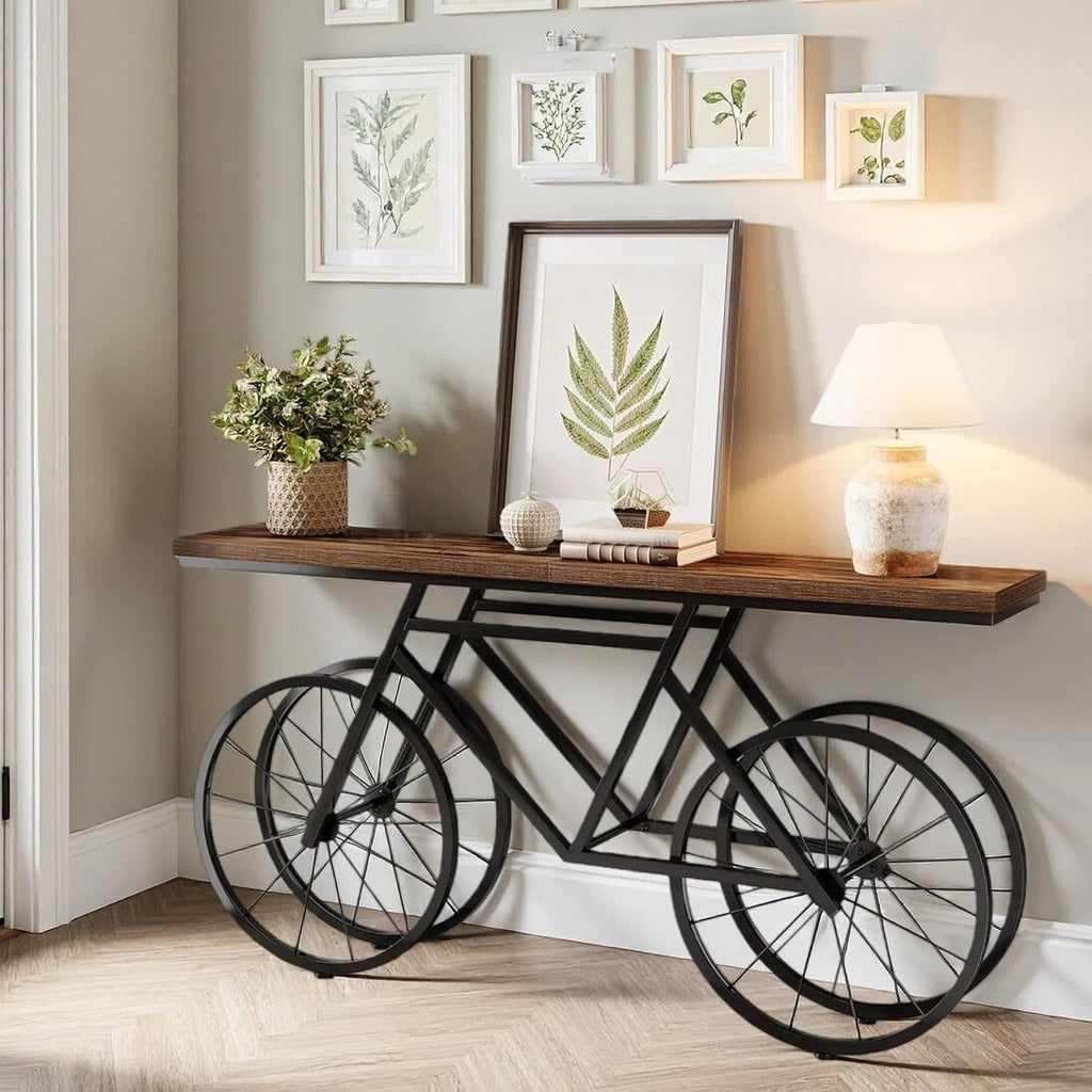 Tribesigns Extra Long Console Table, 70.9-Inch Narrow Sofa Table Behind Couch with Bicycle Metal Base, Industrial Entryway Table for Entrance, Hallway, Living Room, Brown
