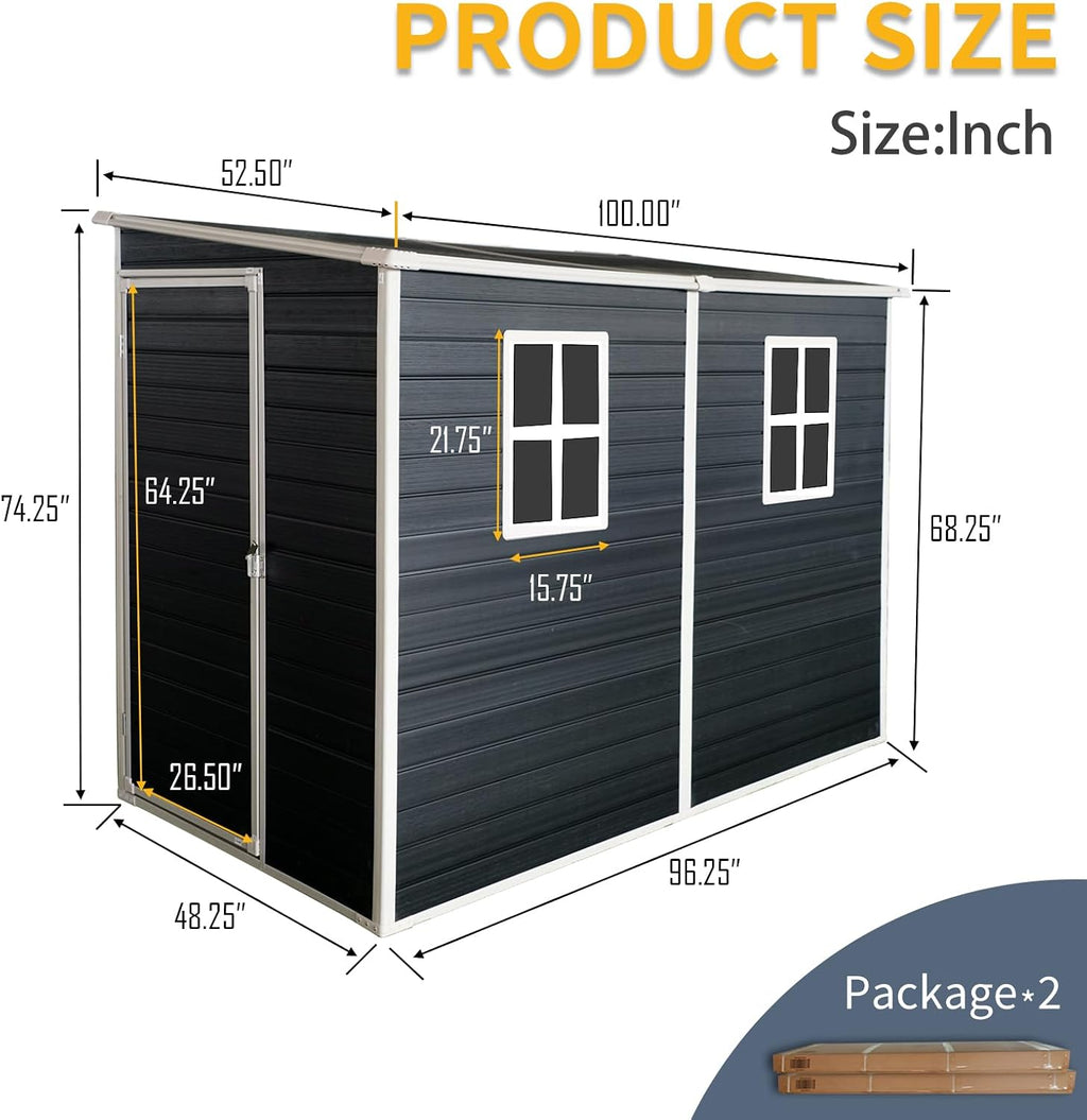 JT 4 x 8 FT Resin Storage Shed, Waterproof Garden Shed with Floor, 2 Windows, Lockable Door and Vent, Outdoor Sheds for Backyard,Tools and Lawn Mower (Black)