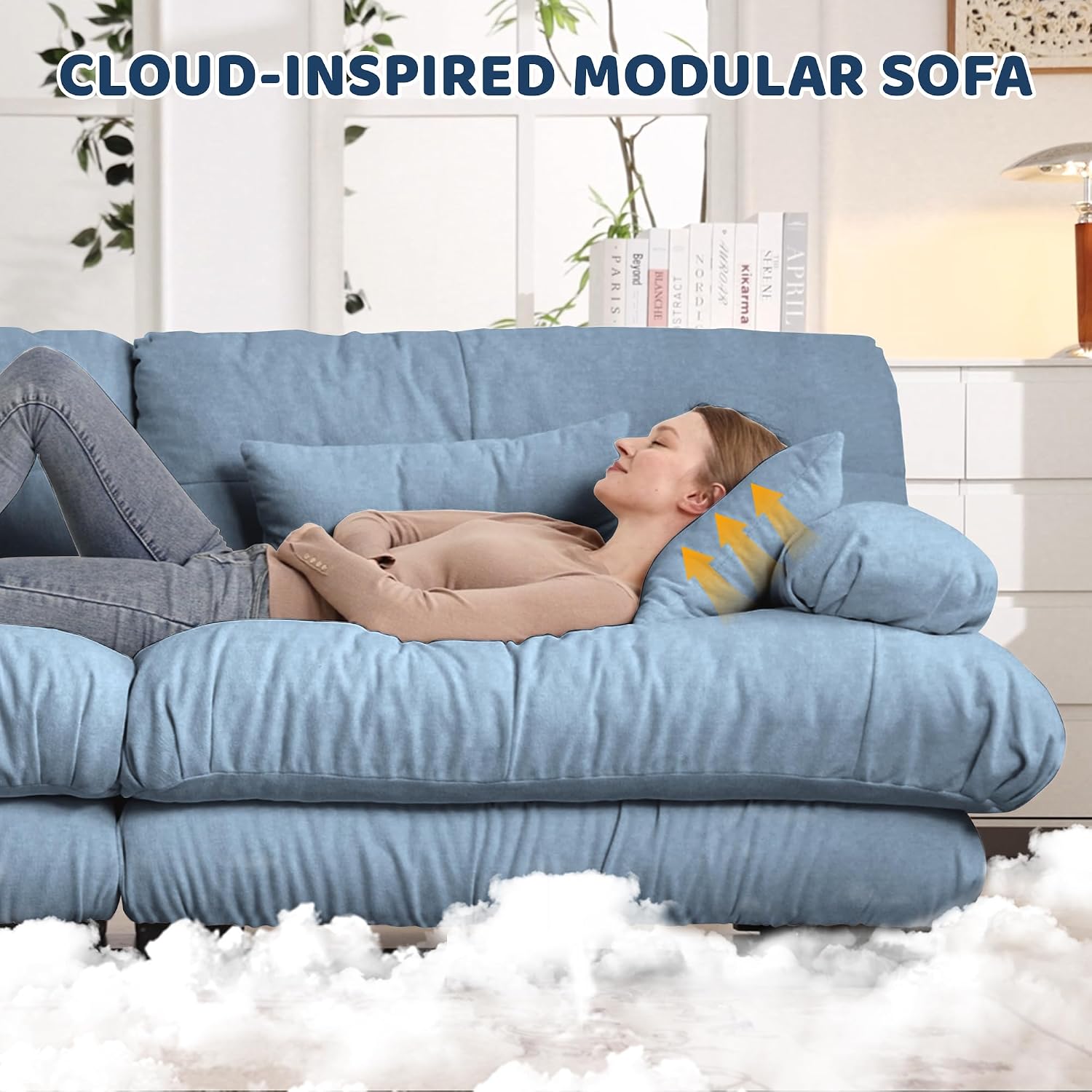 Modular Sectional Sofa, Comfy Cloud Couch Oversized Loveseat with Ottoman, Sectional Couches for Living Room, Modern Chenille L Shaped Couch, Sleeper Deep Seat Sofa with Throw Pillows, Blue
