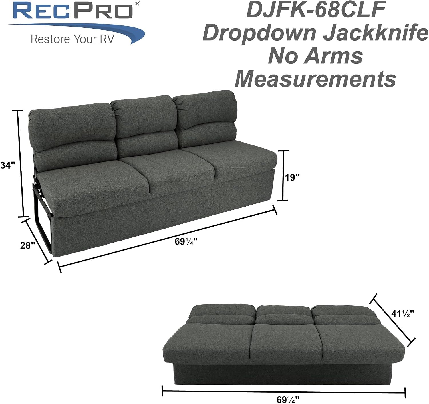 RecPro 68' RV Jackknife Sleeper Sofa with Drop-Down Console | Cloth Fabric | 2 Colors to Choose from | Furniture for RV and Camper (Fossil Cloth)