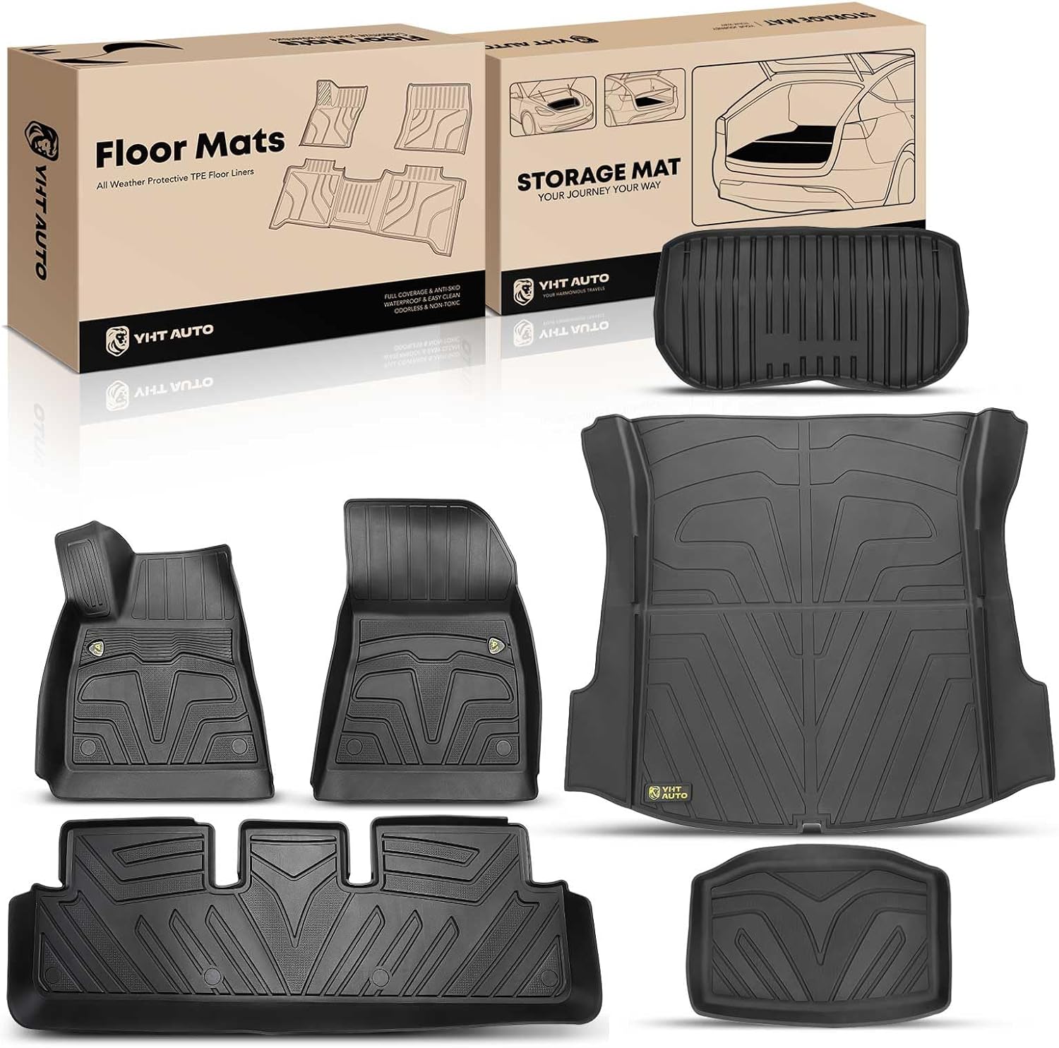 YHTAUTO Floor Mats & Trunk Mat Cargo Liner Full Set Compatible with Tesla Model 3 2021 2022 2023, All Weather Floor Mats TPE Trunk Cargo Storage Tray Mat, Waterproof & Orderless, Black, Set of 6