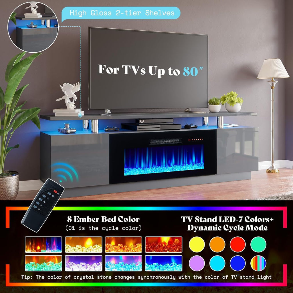 AMERLIFE Fireplace TV Stand with 36' Fireplace, 70' Modern Fireplace Entertainment Center LED Lights, 2 Tier TV Console Cabinet for TVs Up to 80', Grey