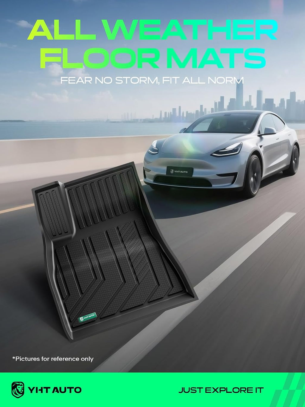 YHTAUTO Floor Mats & Cargo Liners Compatible with Tesla Model 3 Highland 2024 2025 2026, TPE Floor Liners All Weather Custom Fit, 1st & 2nd Row & Cargo Trunk Mat & Lower Storage Mat, Set of 5, Black