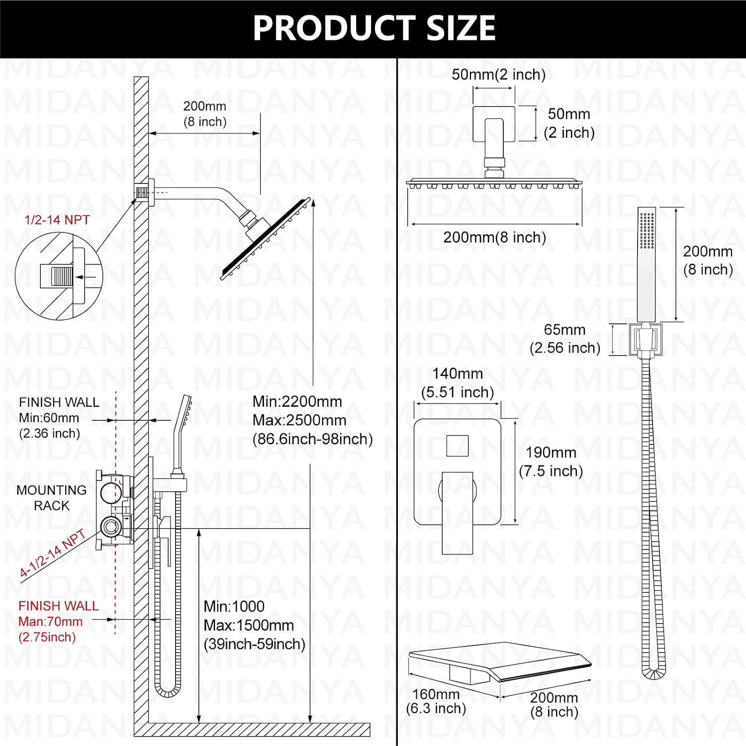 Midanya Shower System with Tub Spout,Bathtub Shower Faucet Set with Square Rainfall Head and Handheld Sprayer Wall Mount Tub Faucet Set with Valve and Trim Kit,8 Inch Brushed Gold