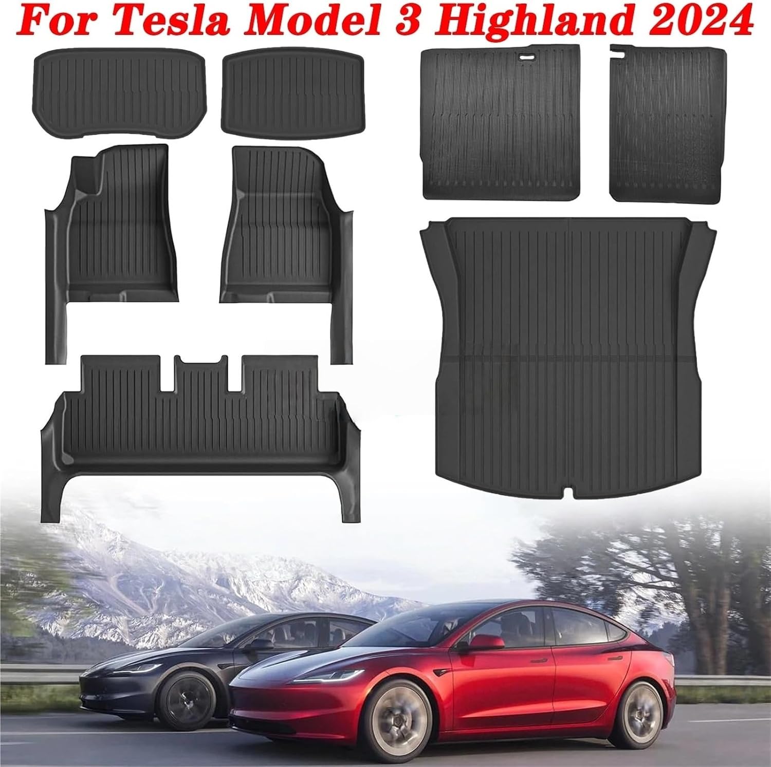 for Tesla Model 3 Highland 2024 TPE Full Cover Floor Mats with Door Sill Protector, Set Liners Cargo Liner Seat Back(6PCS Floor Mats)
