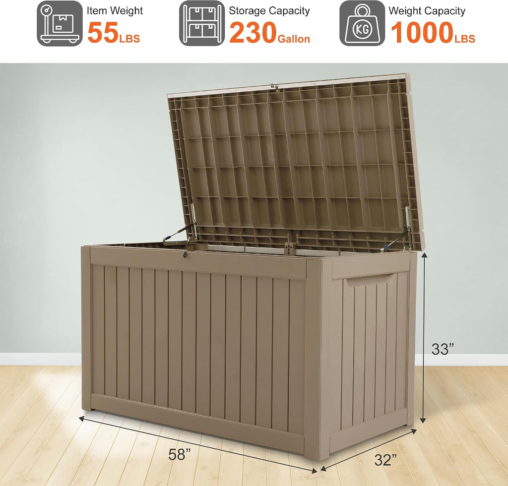 AJP Distributors Outdoor Storage Shed, Large Resin Storage Box, Waterproof and lockable, suitable for garden, patio, garage, backyard storage (Brown, 230gal)