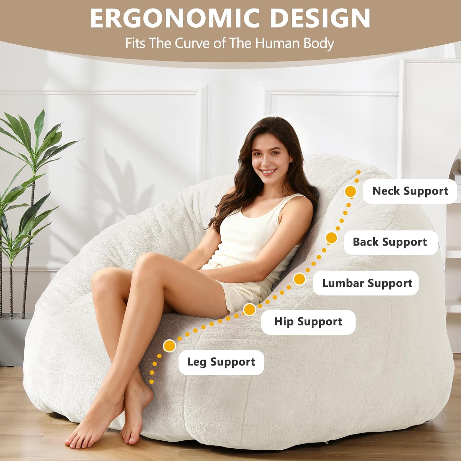 Bean Bag Chair for Adults, Soft Faux Fur Giant Beanbag Chairs, Oversized Cozy Bean Bag Couch Large Reading Chair, Comfy Bean Bag Sofa for Living Room, Bedroom & Dorm, Beige