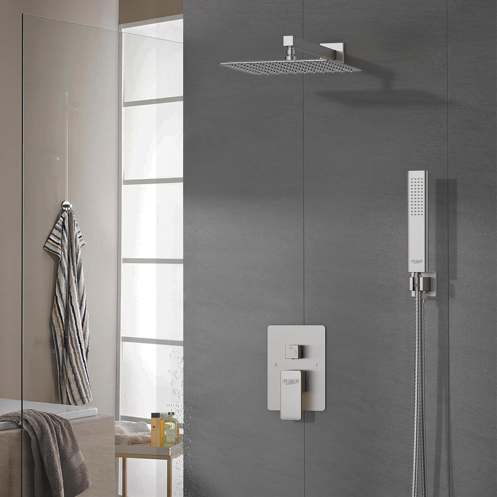Iriber 12-Inch Rainfall Shower System with Handheld Combo, Brushed Nickel Finish, High Pressure Brass Shower Set