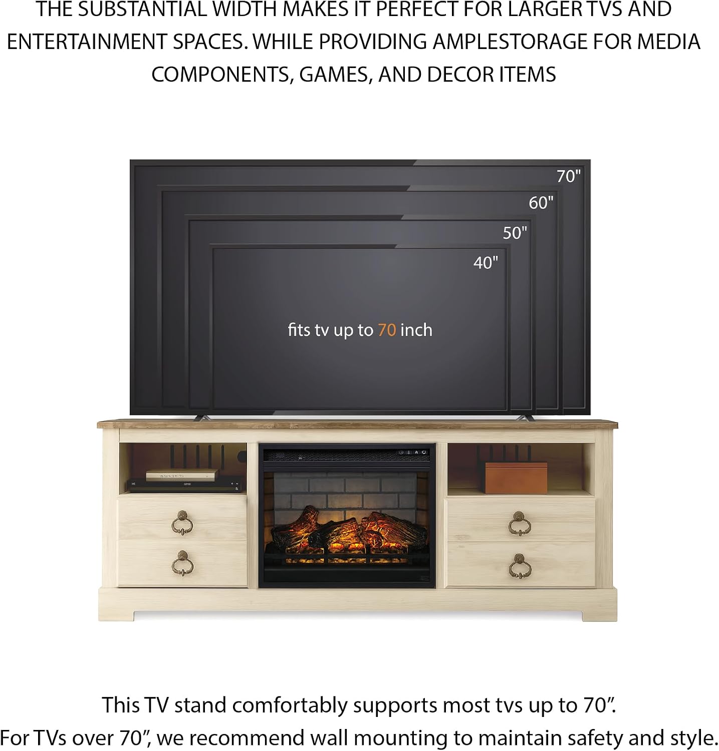 Signature Design by Ashley Entertainment Accessories Vintage 64' TV Stand with Electric Fireplace and LED Lights for TVs up to 72', Whitewash