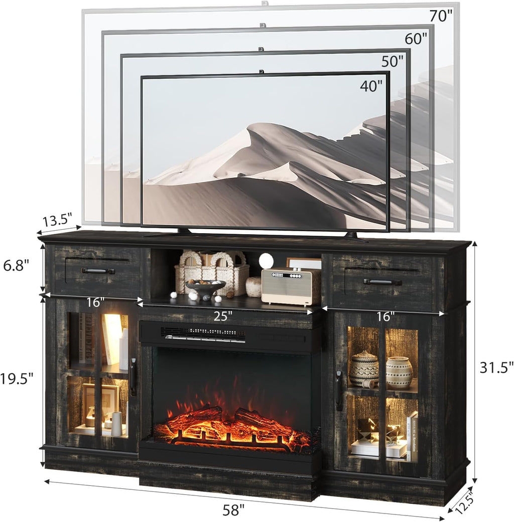 Fireplace TV Stand for 55–65 Inch TVs, 3-Sided Electric Fireplace with LED Light Strip, Glass Doors, Storage Drawers & Open Shelf, Entertainment Center, Dark Rustic Oak
