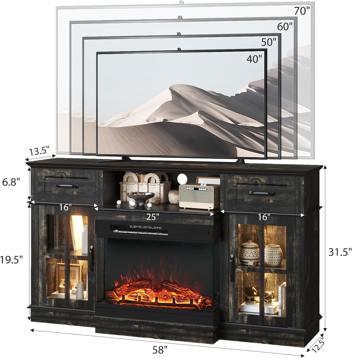 Fireplace TV Stand for 55–65 Inch TVs, 3-Sided Electric Fireplace with LED Light Strip, Glass Doors, Storage Drawers & Open Shelf, Entertainment Center, Dark Rustic Oak