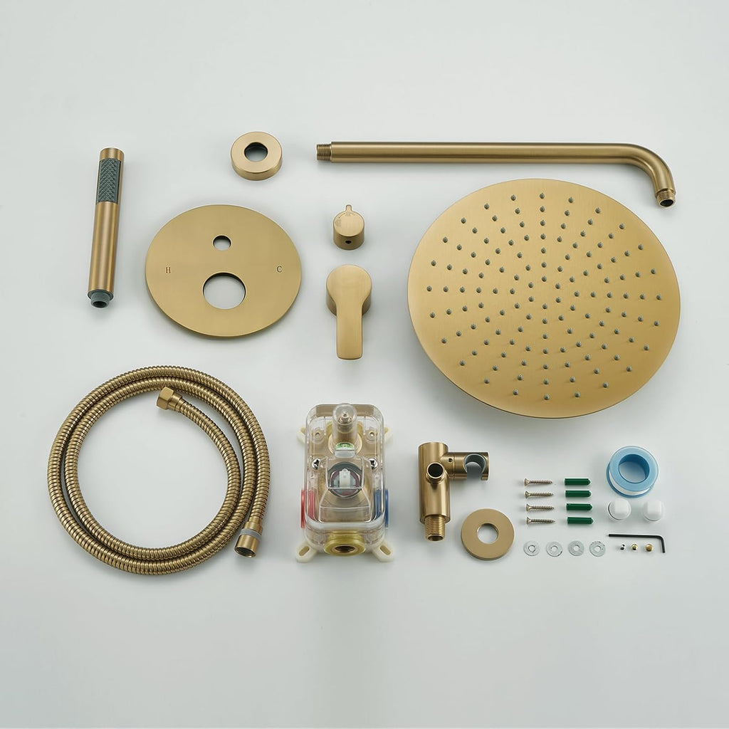 Iriber Brushed Gold Shower System Wall Mounted Shower Faucet Mixer Set with 10 Inches Rain Shower head and Handheld, Bathroom Shower Trim Kit Contain Pressure Balance Valve Cartridge