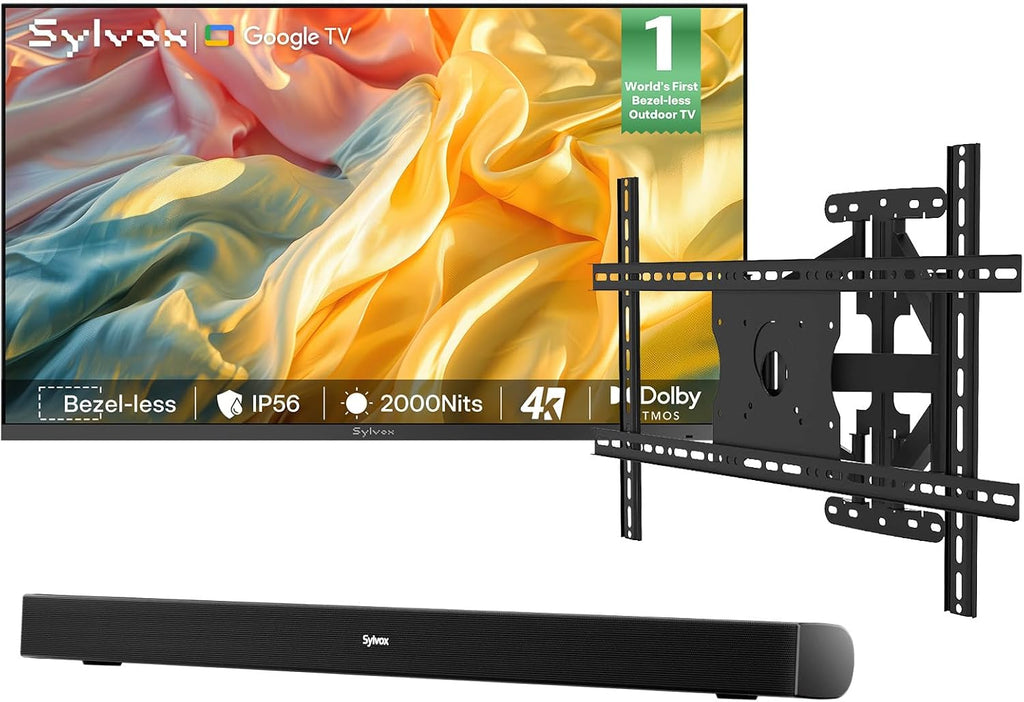 SYLVOX Outdoor TV with Wall Mount & Soundbar, 43' Full Sun TV 2000 Nits, Ultra-Narrow Bezel, 4K Smart Television, IP56 Waterproof, Dual Speakers, for Poolside, Yard, Business (Frameless Pro Series)