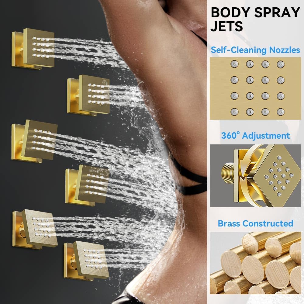 Brushed Gold Shower System with Body Jets, STARBATH 12 Inch Rainfall Shower System and 2 in 1 Handheld Spray Shower Jets System in Wall, Complete Wall Mounted 3 Way Shower Faucet Set with Valve Kit