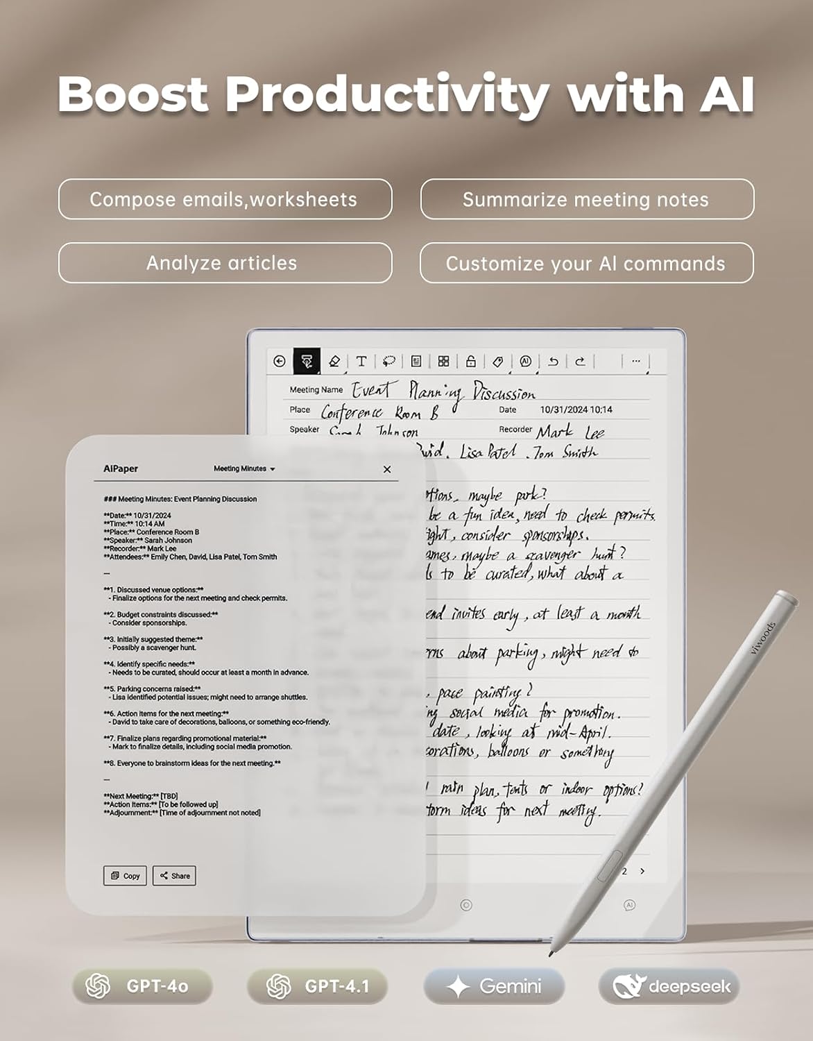 VIWOODS Upgraded Bundle with AiPaper, Stylus Pro and 5 Nibs, Carta 1300 AI E Ink Tablet, 10.65'' 300PPI Electronic Notebook with Pen, Ultra-Thin 4.5mm, Lightweight 370g, 128GB Note-Taking Device