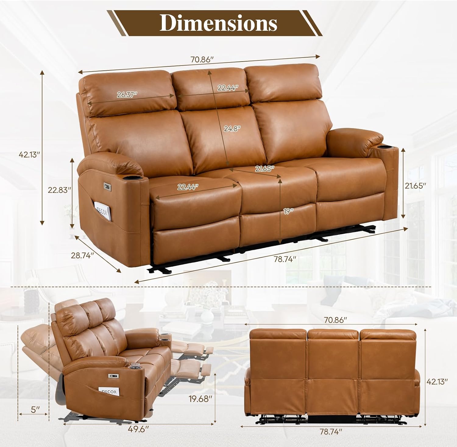Power Reclining Sofa, Electric 3-Seat Dual Recliner Sofa with USB Ports, Cup Holders, Wall Hugger Sofa & Couch for Living Room Home Theater Apartment RV (Brown) | Drop-Down Table, Side Pocket, Extended Footrest, Breathable Material