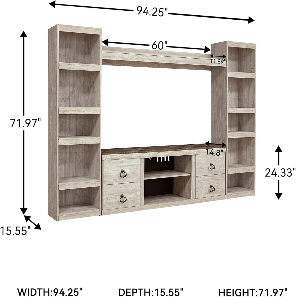 Signature Design by Ashley Willowton Farmhouse 4-Piece Entertainment Center for TVs up to 69' with Adjustable Shelves, Whitewash