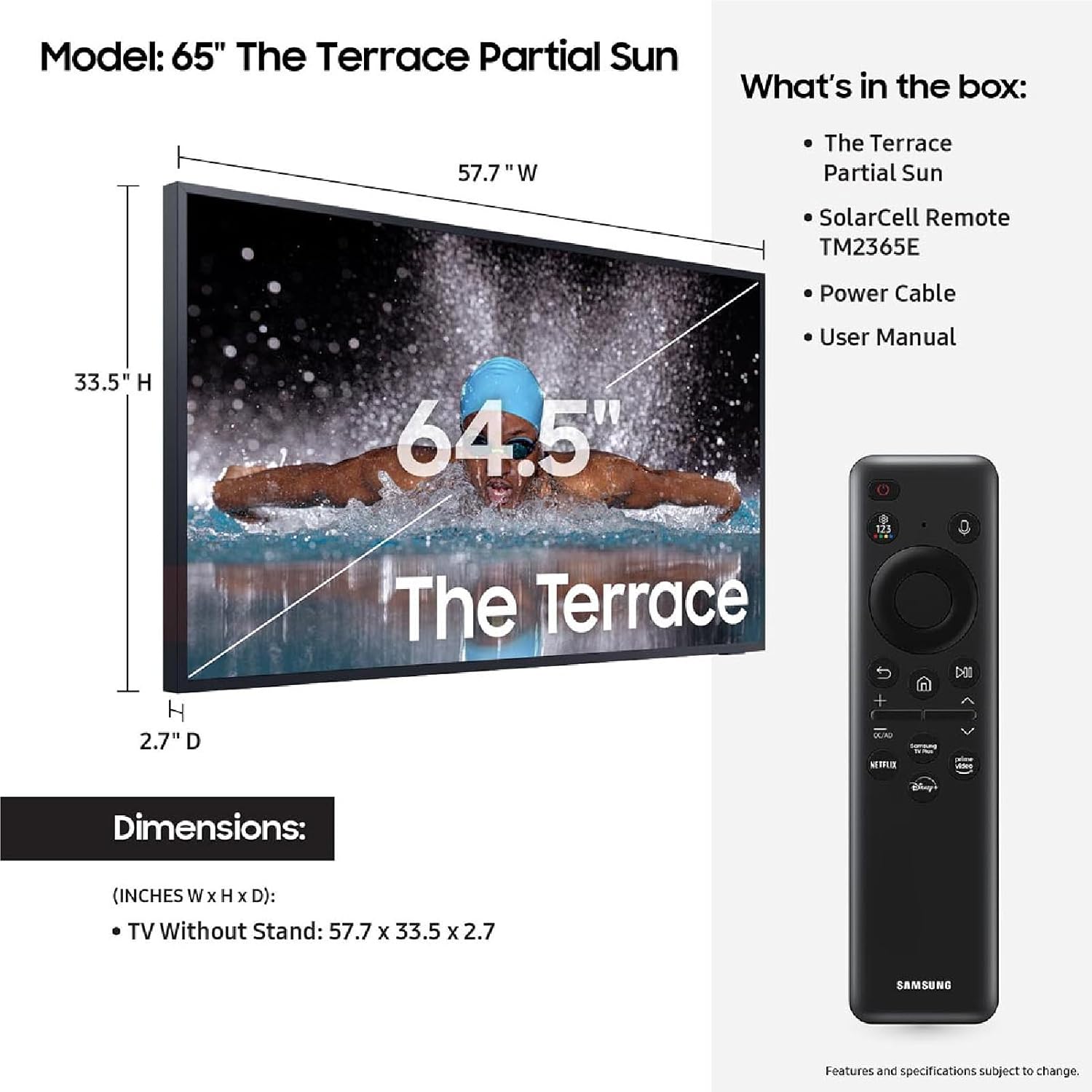 SAMSUNG 65-Inch Class Neo QLED 4K The Terrace Partial Sun, Quantum HDR+, Dolby Atmos, Wide Viewing Angle, Weather Resistant, (QN65LST7DAFXZA, 2024 Model) 65' & 75' The Terrace Wall Mount