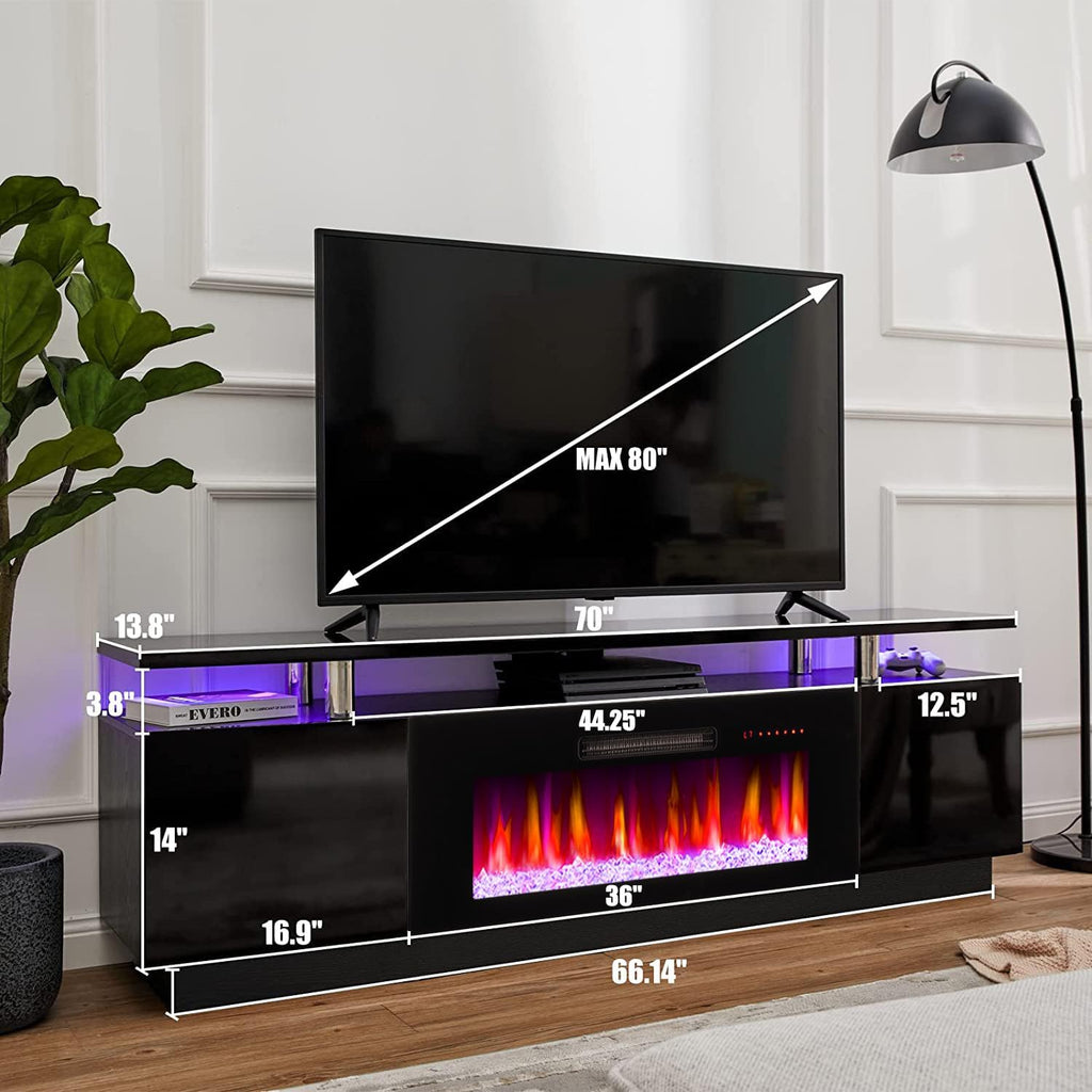 AMERLIFE Fireplace TV Stand with 36' Fireplace, 70' Modern Fireplace Entertainment Center LED Lights, 2 Tier TV Console Cabinet for TVs Up to 80', Obsidian Black