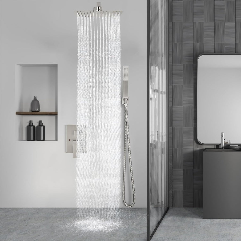 Aolemi Shower Faucet Set Rain Shower System with Handheld Spray Bathroom Shower Combo Rough-in Valve and Shower Trim Kit Included Brushed Nickel 12 Inch Wall Mount Shower Head