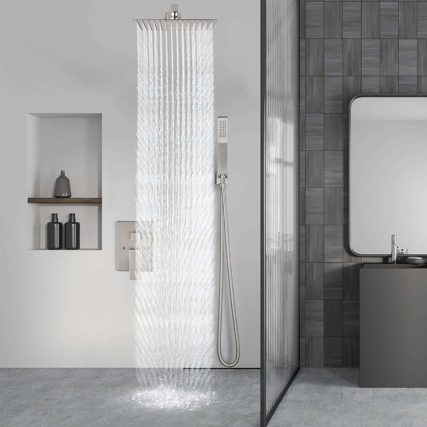 Aolemi Shower Faucet Set Rain Shower System with Handheld Spray Bathroom Shower Combo Rough-in Valve and Shower Trim Kit Included Brushed Nickel 12 Inch Wall Mount Shower Head