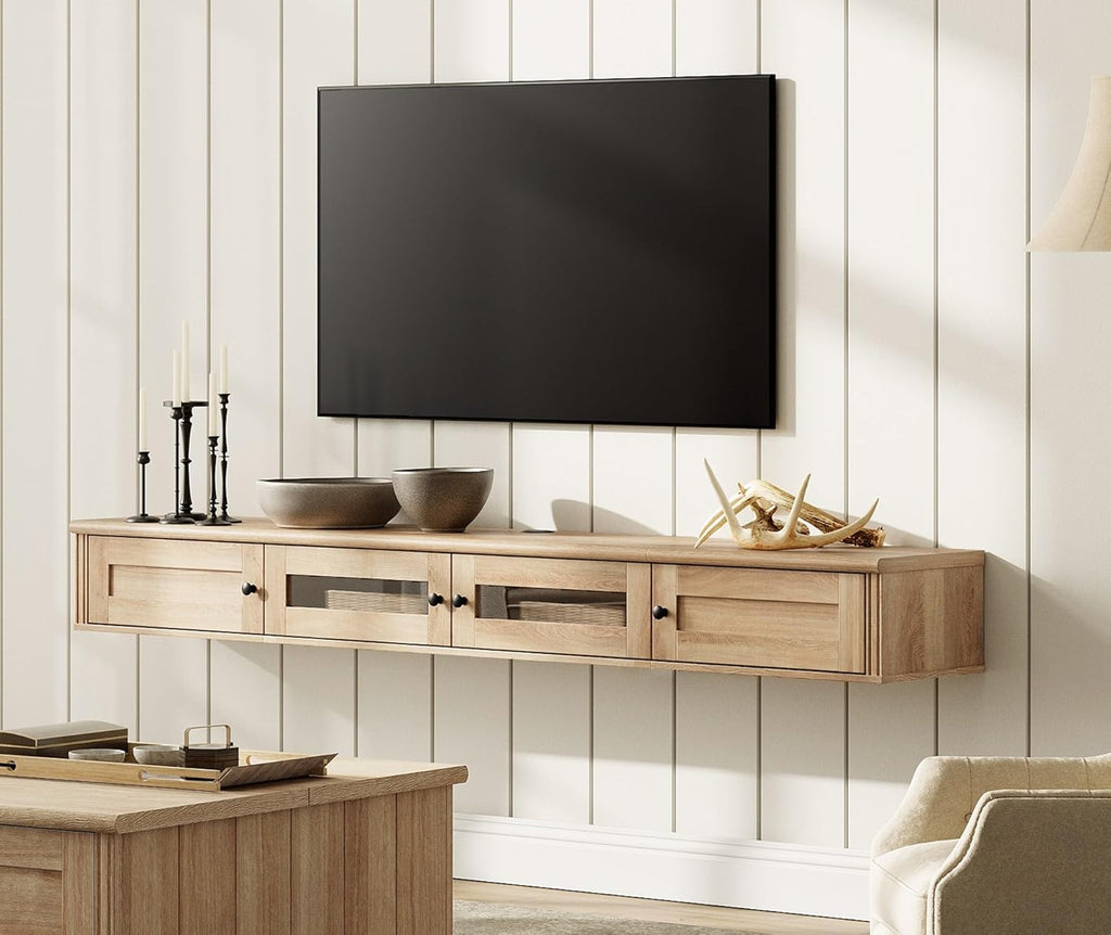 WAMPAT Floating TV Stand for TVs up to 80 Inches, Wooden Wall-Mounted TV Shelf with Charging Station, Modern Floating Entertainment Center for Living Room Decor, Oak