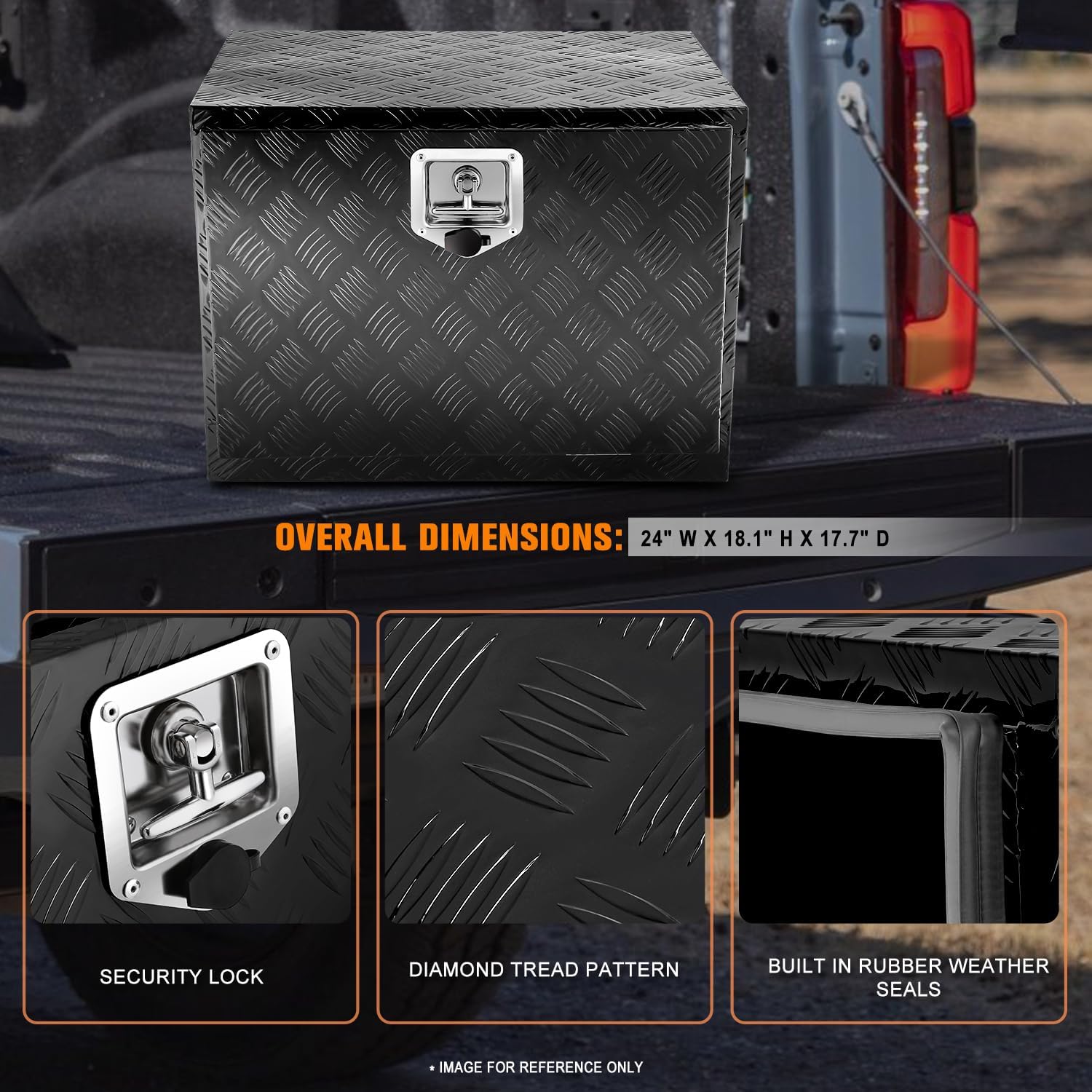 PM PERFORMOTOR Black Aluminum Steel Heavy Duty Trailer Powdercoated Tool Box Chest Box Pickup Truck Bed Storage Toolbox with T-Bar Lock Handle and 2 Keys, 61cm W x 46cm H x 45D