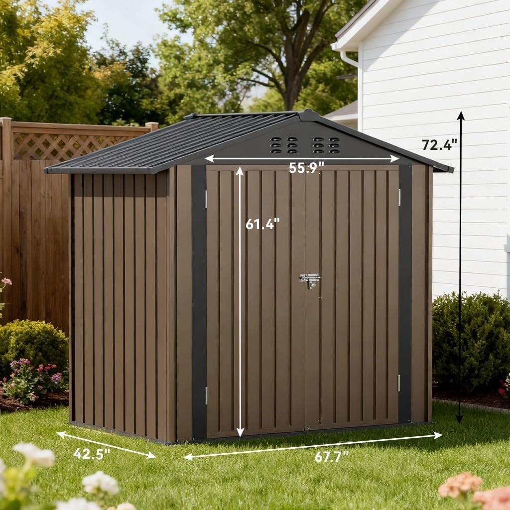 COMHOMA 6'x4' Shed Outdoor Storage Metal, Weatherproof Garden Utility Tool House with Lockable Doors & Adjustable Shelving, Ventilated Backyard Workshop,Brown