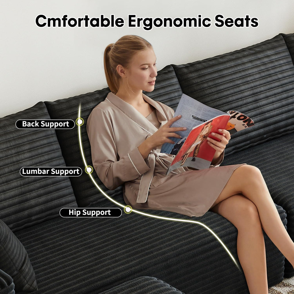 139.4' Modular Sectional Sofa, L-Shaped Minimalist Couches with Ottoman Chaise, Modern Deep Seat Convertible Sleeper Sofa,Cloud Plush Corduroy Fabric, No Assembly Required, 5 Seater, Black