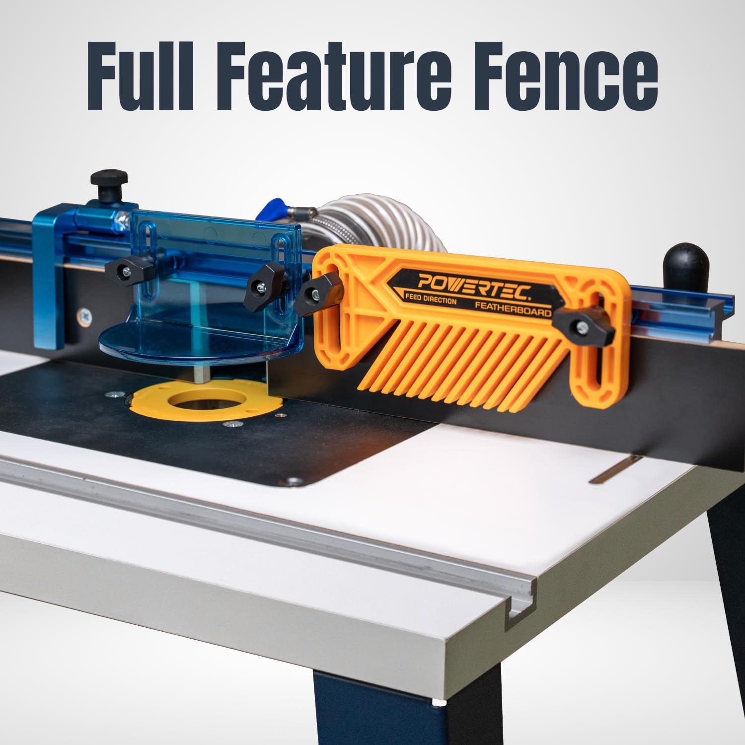 POWERTEC Benchtop Router Table with Steel Stand and Adjustable Fence – 24' x 16' MDF Laminated Top, Insert Plate, 2-1/2' Dust Port, Fence Stop, Featherboard & Additional Accessories (71402V)
