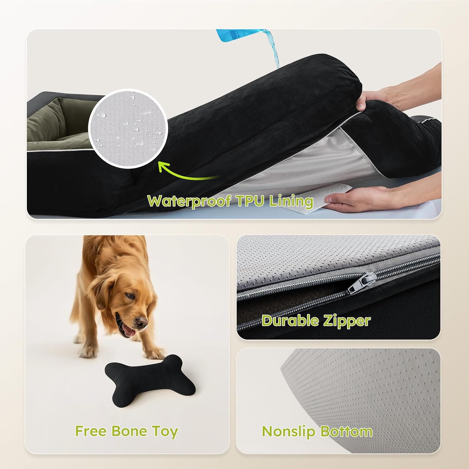 CWAWZ XXL Dog Bed for Extra Large Dogs, Giant Orthopedic Dog Bed with Cooling Gel Memory Foam, Waterproof Pet Bed with Removable Washable Cover, 53' Pet Sofa Bed Dutch Velvet with Bone Toy, Black