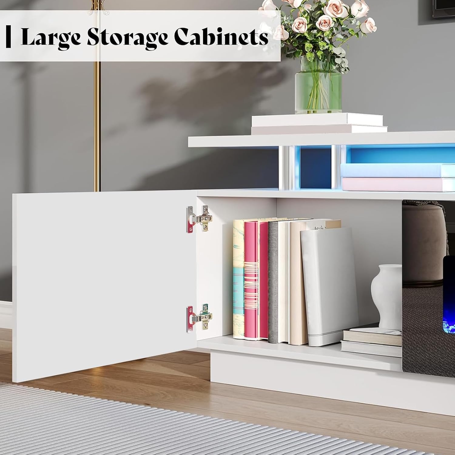 AMERLIFE 90' 2 Tier Fireplace TV Stand with 50' Fireplace, Modern Large Entertainment Center LED Lights, Media Console Table Storage Cabinets for TVs Up to 100', Living Room, White & Black