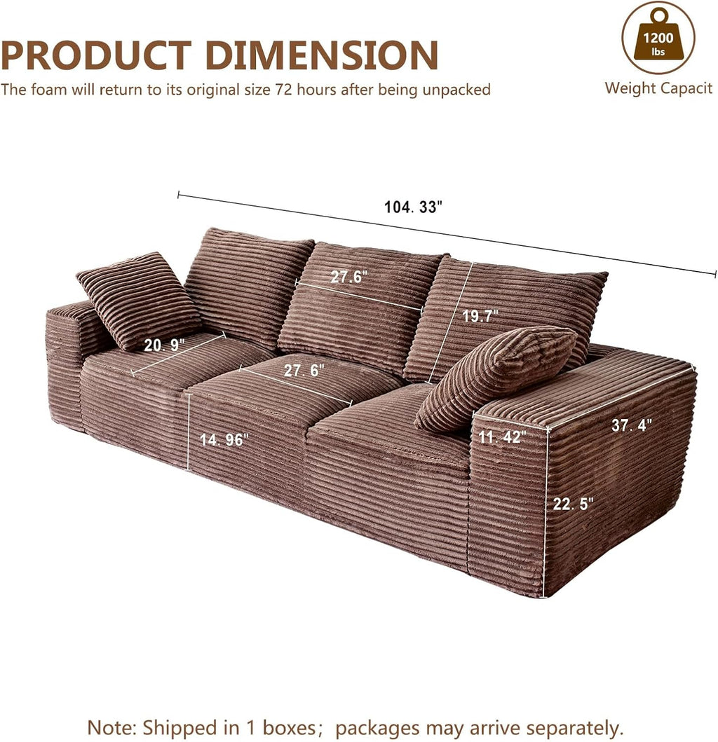 104.3' Modular Sectional Cloud Couch, Boneless Couches for Living Room, 3 Seater Modern Lounge Couch, No Assembly Required, Brown