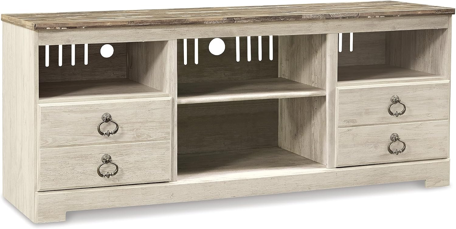 Signature Design by Ashley Willowton Farmhouse 3-Piece Entertainment Center for TVs up to 73' with LED Lighting, Whitewash