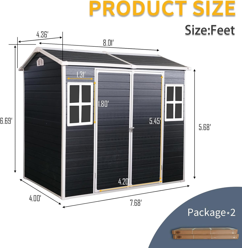 8x4ft Resin Outdoor Storage Shed: Double Doors & Two Windows, Heavy-Duty Plastic Shed with Floor, Waterproof UV-Proof Garden Tool Storage for Backyard, Patio, Yard, Lawn
